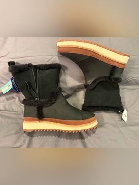 Toms McKenna Midcalf Leather Faux-Shearling Ankle Winter Boots Black Tan Comfort